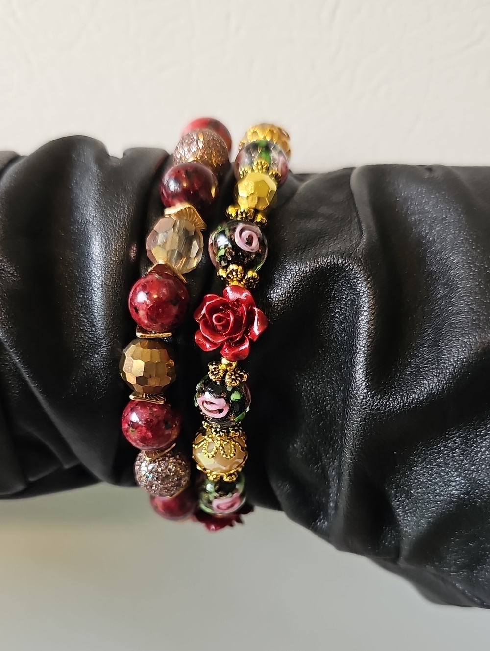 Red Floral Beaded Stretch Bracelet Set - Women Jewelry
